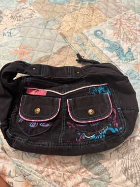 Y2K Vintage Lei Black Canvas Shoulder Bag with Pink & Blue Accents